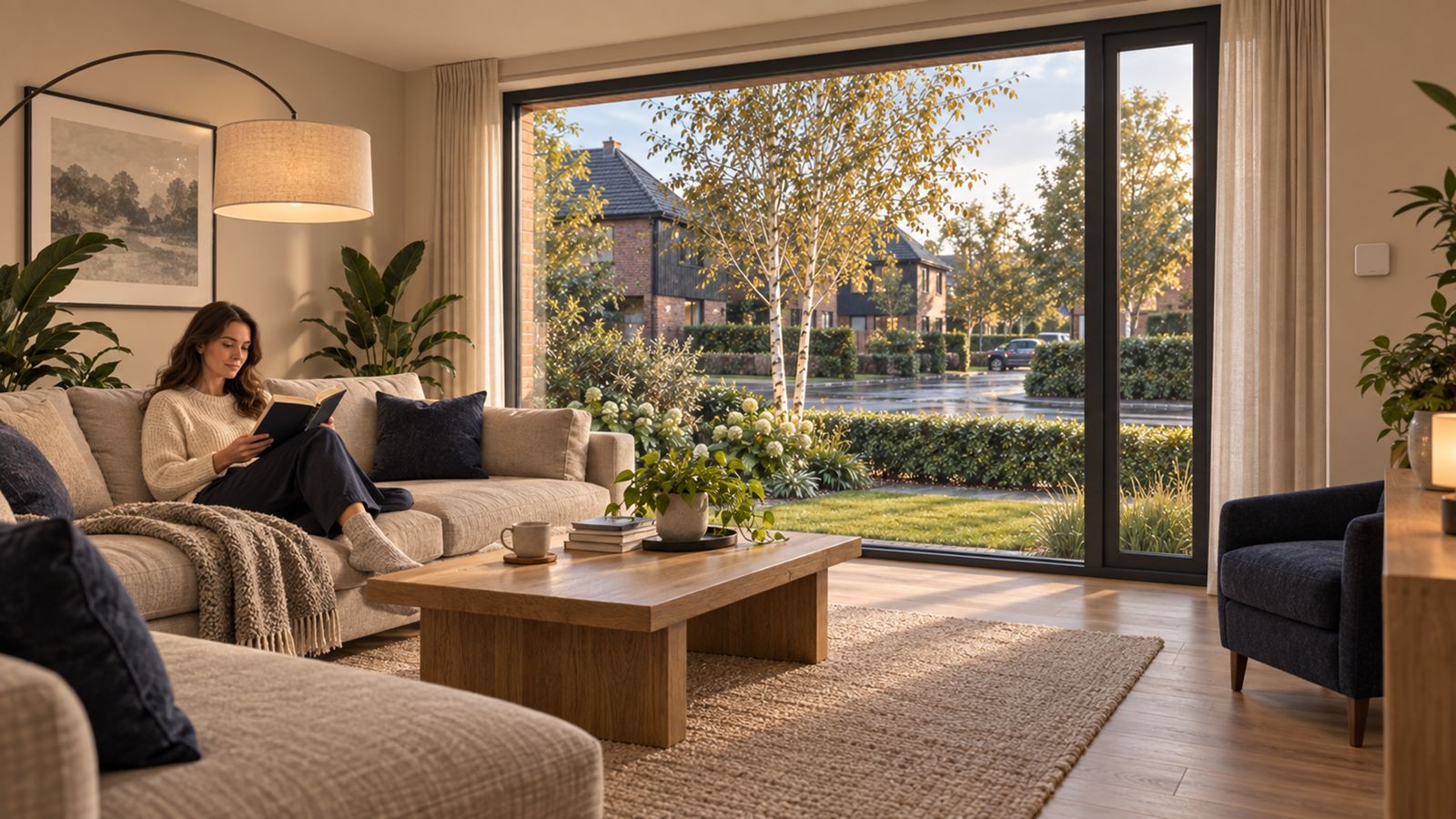Living room with a person reading on the sofa by large glazing