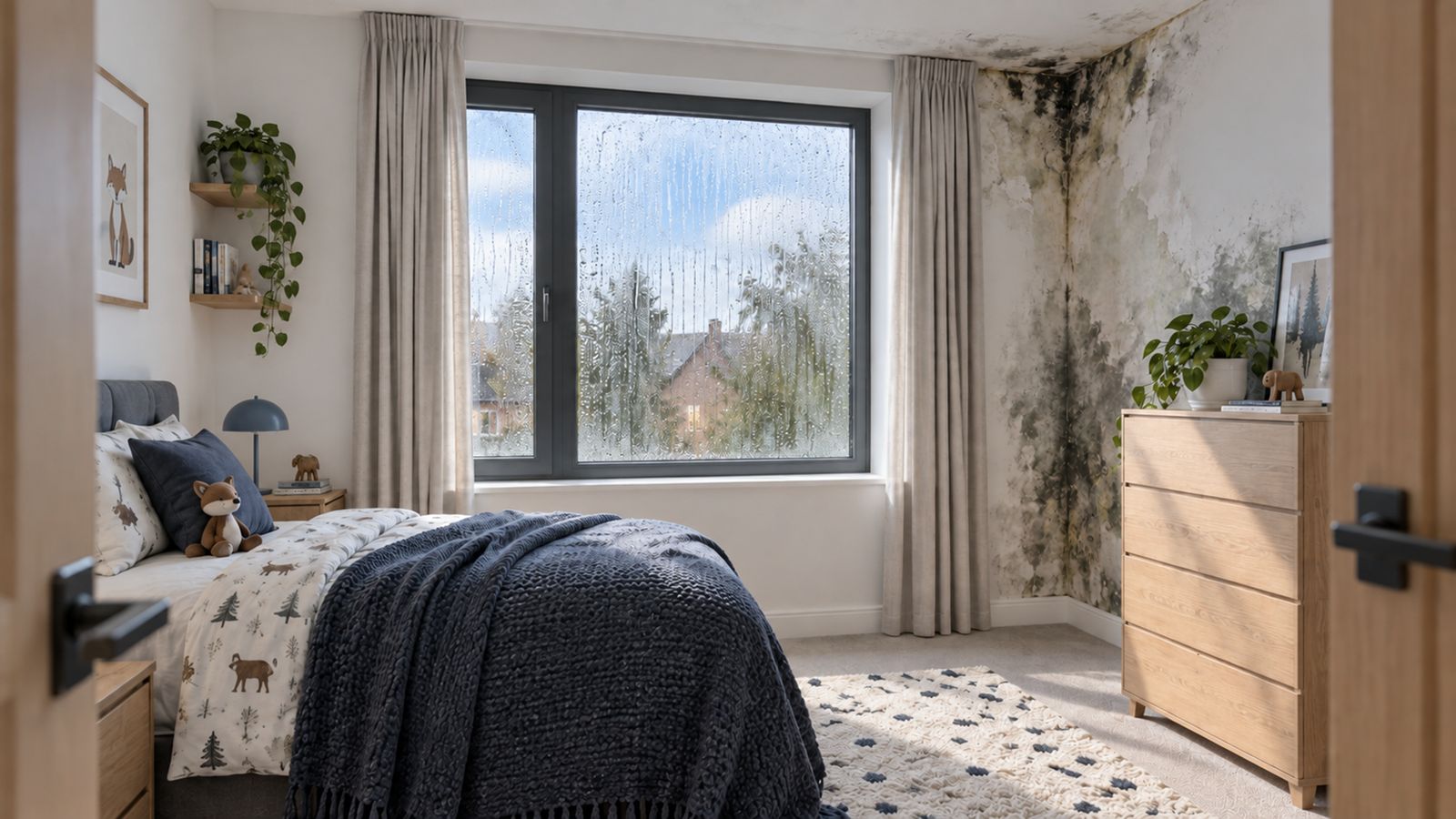 Bedroom with condensation on the window and mould in the corner
