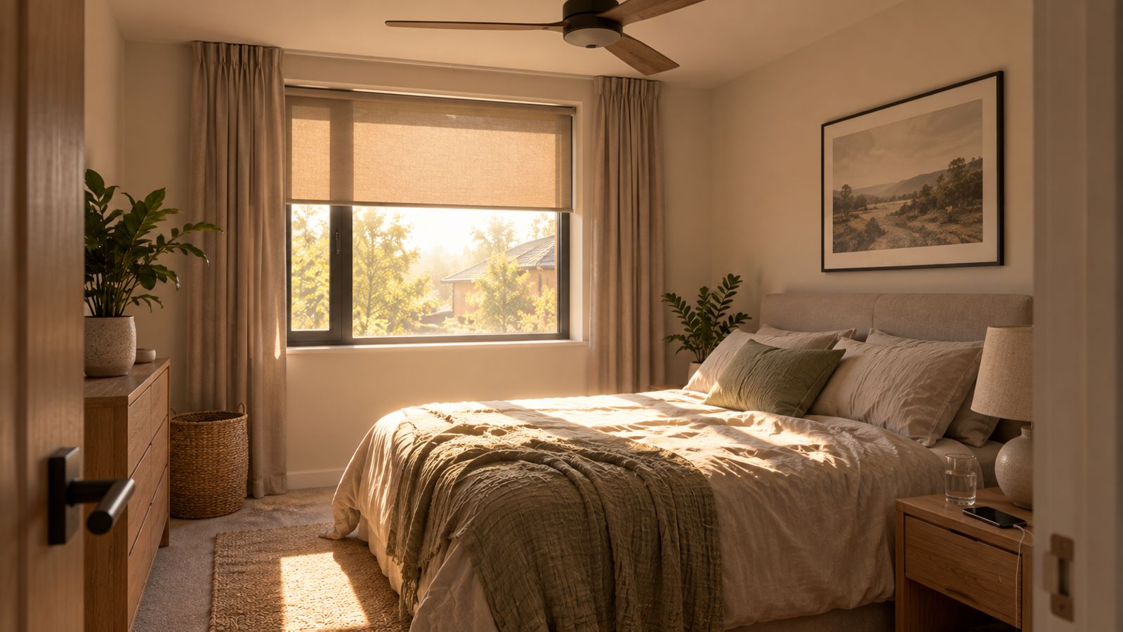 Bedroom in harsh summer sunlight during a power outage